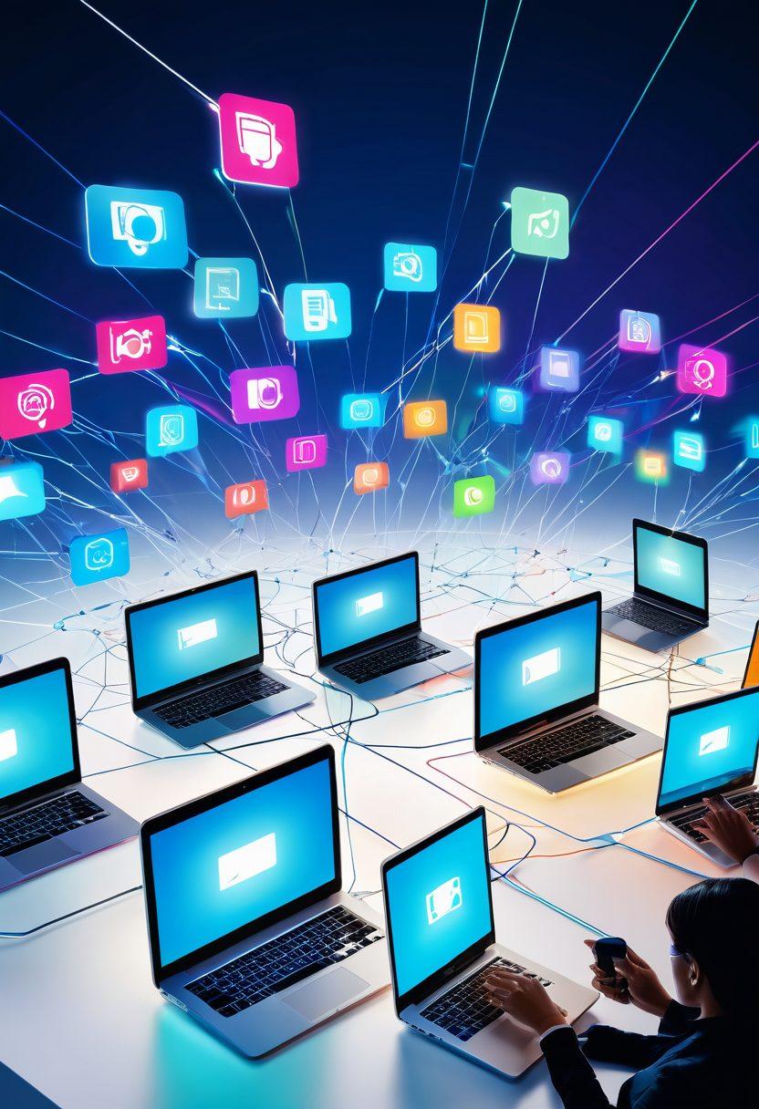 A dynamic scene depicting multiple devices like smartphones and laptops sharing files over a glowing digital network, symbolizing high-speed P2P transfers. Include visual representations of speed (like motion lines), security (lock icons), and user-friendly interfaces in bright colors. Show diverse people enthusiastically connecting their devices. super-realistic. vibrant colors. white background.