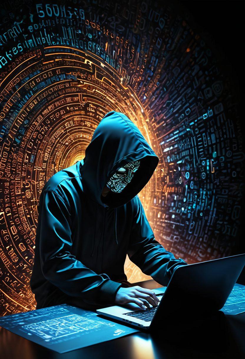 A shadowy figure hunched over a glowing laptop, surrounded by swirling digital code and encrypted symbols. The background features a dark, abstract representation of the internet, with elements like locks, masks, and torrents. An aura of mystery and secrecy is created with contrasting light and shadows. super-realistic. vibrant colors. 3D.