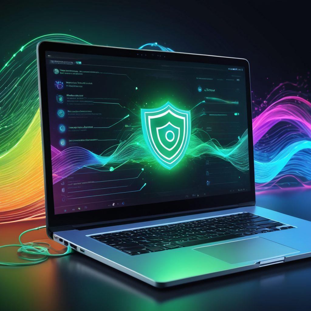 A sleek laptop displaying a torrent downloading interface with visual indicators of speed and security. Surrounding the laptop, various icons of popular torrenting applications and a shield symbolizing security. In the background, abstract waves of data flow, representing high-speed P2P sharing. The color scheme should be vibrant with a mix of neon blue and green hues, conveying a sense of technology and innovation. digital art. vibrant colors.